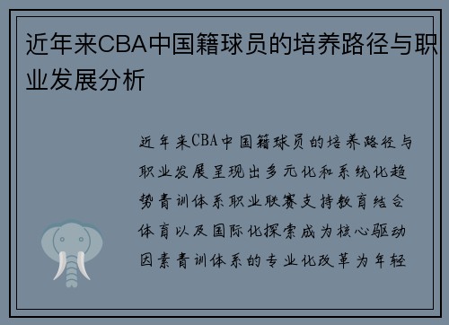 近年来CBA中国籍球员的培养路径与职业发展分析