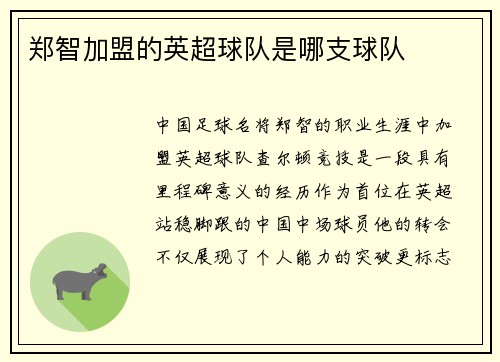 郑智加盟的英超球队是哪支球队